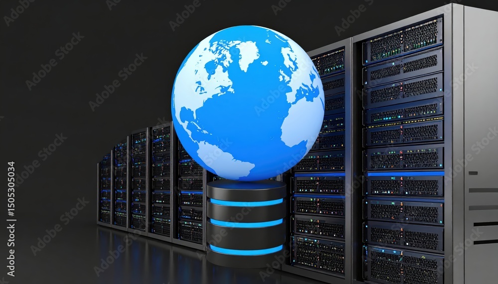 Aufkleber global network connectivity, globe on servers representing worldwide data infrastructure