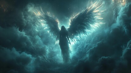 Majestic angelic figure with vast wings amongst dramatic stormy clouds high resolution image