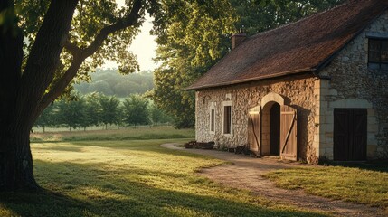 Stone house, sunlit meadow, tree shade. Peaceful rural scene