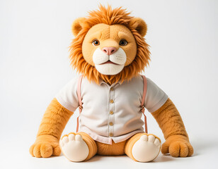 Cute lion plush toy wearing a collared shirt and suspenders, sitting on a white background.