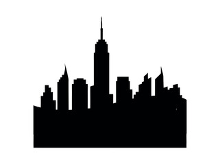 Fototapeta premium Silhouette of a modern city skyline, New York style, silhouette of a city skyline at dawn or dusk, featuring prominent skyscrapers and a large sun, city skyline, New York, cityscape, urban, architectu