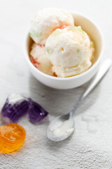Milk yogurt and jelly ice cream in a white bowl.