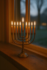 A beautifully lit Hanukkah menorah casting a warm glow, symbolizing tradition and celebration during the Jewish festival of lights.