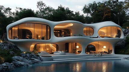 Modern architectural design of a luxury futuristic home with large glass windows