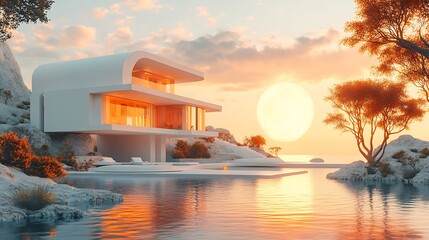 Modern luxury waterfront home at sunset with beautiful lake reflections high resolution image