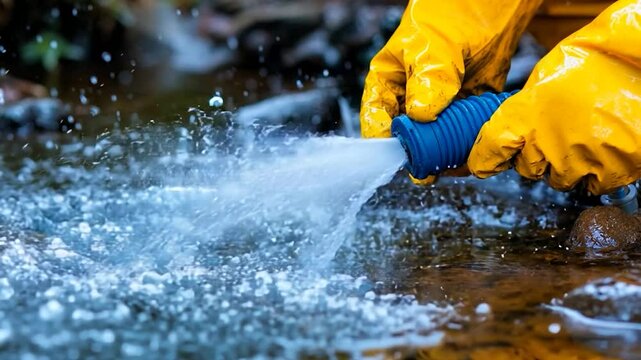Water Cleaning Operation: Hands in Yellow Gloves Using a Hose to Clean a Stream