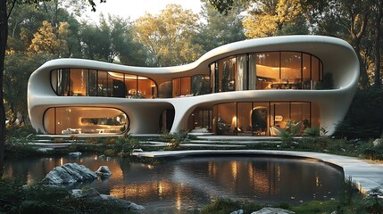 Modern organic architecture luxury house with reflection in a pond and surrounding nature.