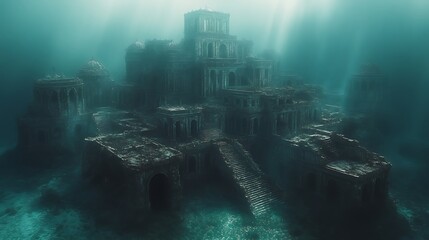 Mysterious underwater ancient ruins temple and majestic architecture submerged beneath the deep ocean water