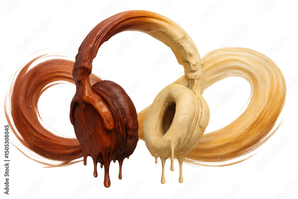 Poster headphones liquefying into vibrant color streams, symbolizing musical expression merging visual dyna