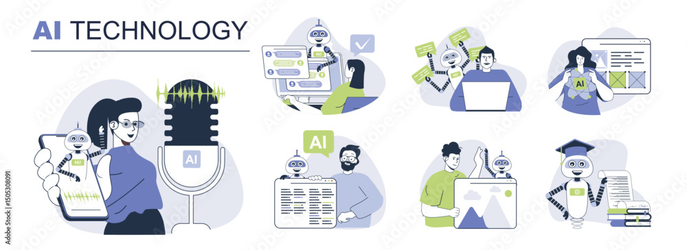 Fototapete AI technology concept set for web design. Collection with people using chatbot, virtual assistant helping, image generation and data analysis. Flat vector illustration isolated on white background.