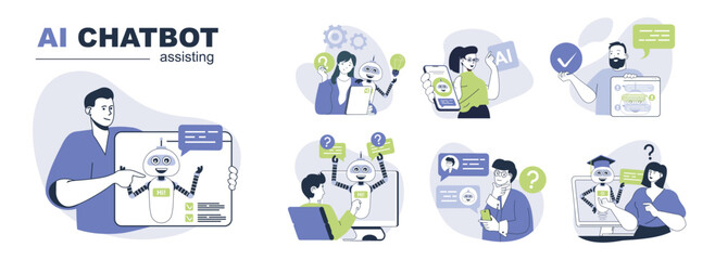 AI chatbot assisting concept set for web design. Collection with people talking with artificial intelligence bots, searching and getting answers. Flat vector illustration isolated on white background.