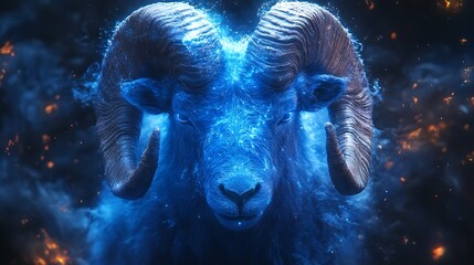 Mystical depiction of the aries zodiac sign with glowing blue energy in high resolution image