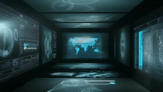 Kontrollraum mit Displays und Hologramm als Hintergrund 