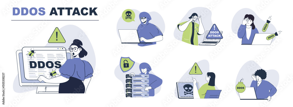 Poster DDoS attack concept set for web design. Collection with people suffering from danger overload network traffic, hacker digital bombs and viruses. Flat vector illustration isolated on white background.