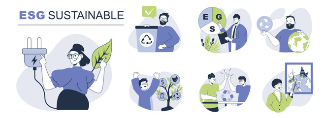Fototapeta premium ESG sustainable concept set for web design. Collection with people doing eco friendly businesses with circular economy and waste recycling. Flat vector illustration isolated on white background.