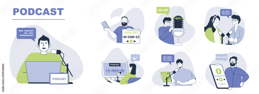 Aufkleber podcast concept set for web design. collection with people record audio interview or online show, ho