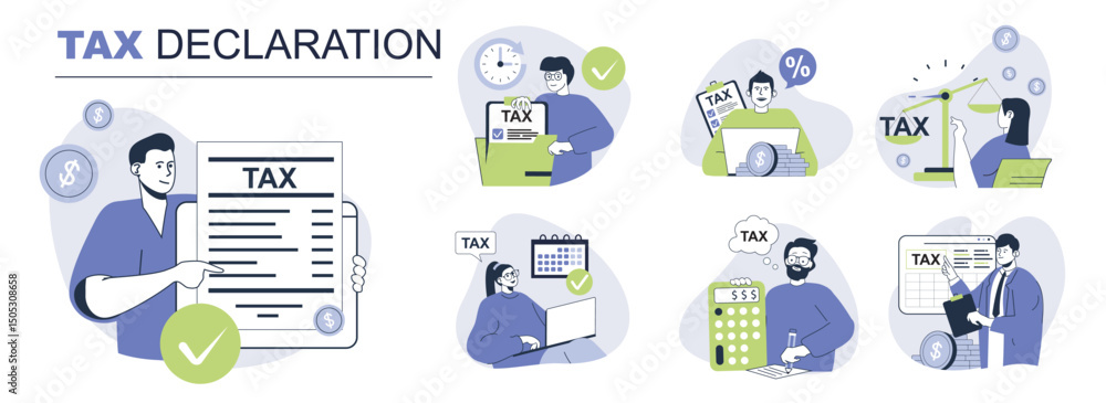 Fototapete tax declaration concept set for web design. collection with people calculating income, filling decla