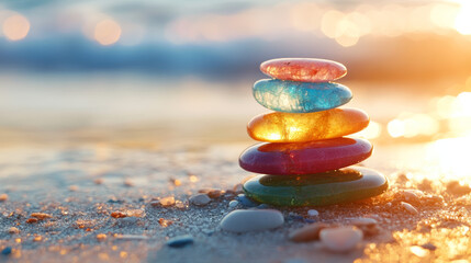 Colorful chakra healing stones stacked on beach sand at sunrise – balanced energy crystals, meditation zen concept for wellness, harmony, relaxation, and spirituality at seaside

