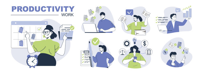 Productivity work concept set for web design. Collection with people planning and organizing schedule lists, doing tasks, workflow balance. Flat vector illustration isolated on white background.
