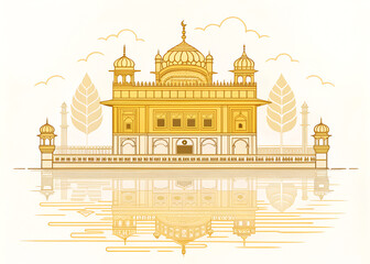 minimalist vector of the Golden Temple, featuring golden gradients and simple, ripple-like reflections on water 