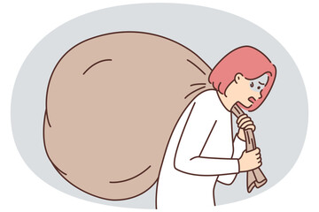 Tired girl with big bag behind back suffers due to overestimation of own strength
