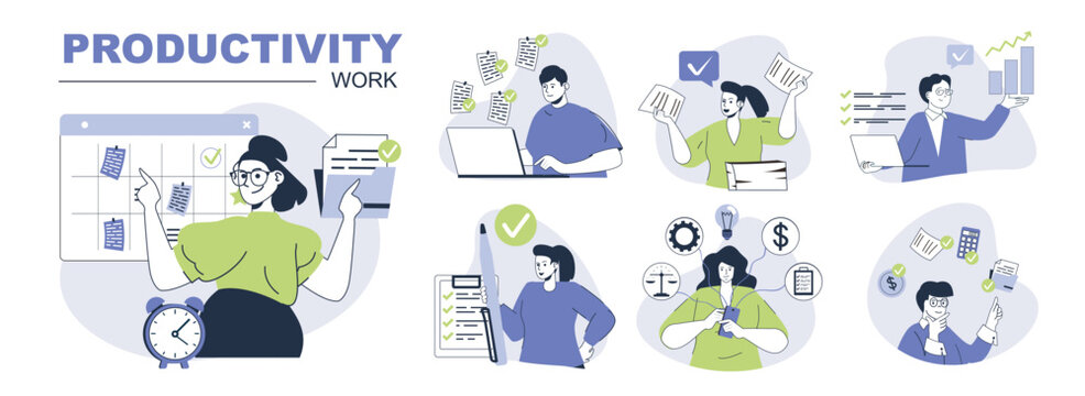 Productivity work concept set for web design. Collection with people planning and organizing schedule lists, doing tasks, workflow balance. Flat vector illustration isolated on white background.