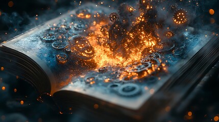Open book with burning gears and glowing embers creating a surreal and artistic high resolution image