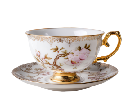 Floral porcelain tea cup and saucer with gold accents on a transparent background, cut out - Powered by Adobe