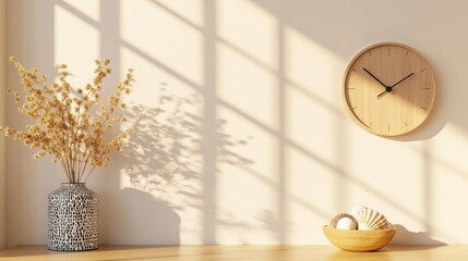 Sunlit minimalist scene with dried flowers, clock, and shells