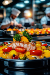 Grilled fish or chicken with fresh fruit salsa on a platter at a halal buffet in Singapore, chefs in background.
