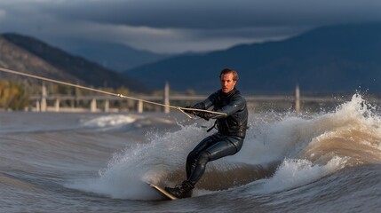 Man wakeboarding on a river wave.