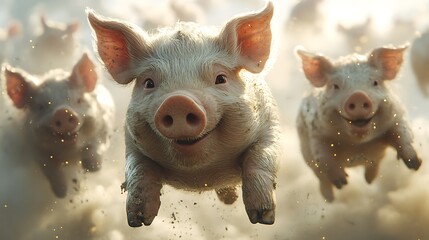 Playful pigs running with joyous expressions and smiling faces a high resolution image