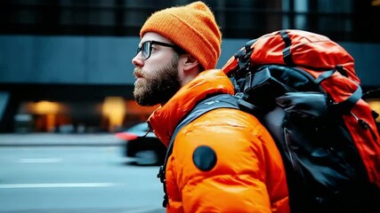 A man strolls confidently in a bustling urban setting, wearing a bright orange jacket and an orange beanie. His adventurous spirit shines as he carries a large backpack, ready for exploration