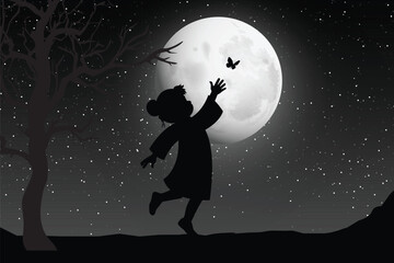 Cute Girl And Moon Silhouette