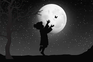 Cute Girl And Moon Silhouette