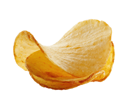 Crispy potato chip in unique shape suitable for snacking on a transparent background, cut out