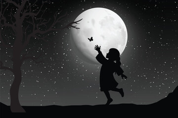 Cute Girl And Moon Silhouette