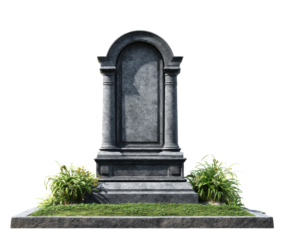 Elegant gray tombstone surrounded by lush greenery for memorial use on a transparent background, cut out
