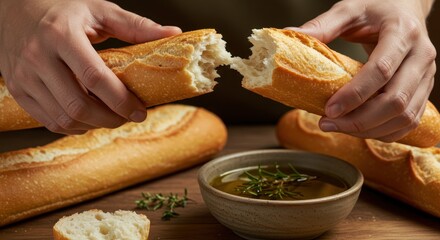 Artisan Baguette Breaking with Olive Oil and Herbs, a Simple Culinary Experience