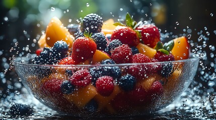 Refreshing bowl of mixed berries and peaches with water splash high resolution image