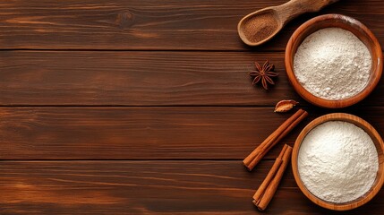 Bowls of flour with cinnamon sticks and anise stars on a wooden surface.