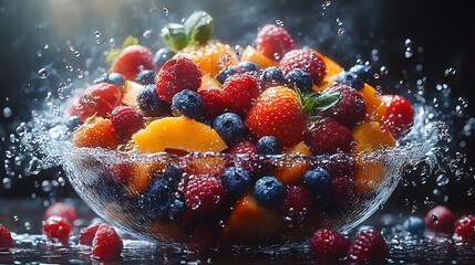 Refreshing bowl of mixed berries with water splash high resolution image