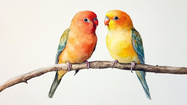 Two colorful parakeets perched on a branch.