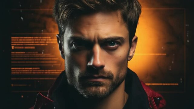 In a suspenseful moment, a man stands with a stern expression, surrounded by an atmospheric glow and enigmatic digital elements, hinting at a deeper story