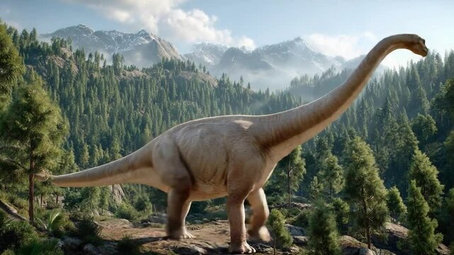 Majestic Dinosaur in Prehistoric Landscape: A towering sauropod dinosaur traverses a vibrant prehistoric forest with rolling hills and snowy mountains, bathed in the warm glow of sunlight.