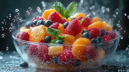 Refreshing fruit salad with blueberries raspberries and oranges in a glass bowl high resolution image