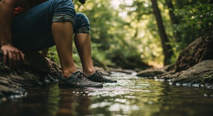 Refreshing stream stop during casual hike exploring natural outdoor beauty
