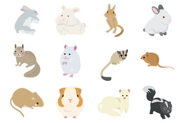Whimsical Small Mammal Collection: Adorable Rabbits, Sugar Gliders, and Skunks in Flat Pastel Designs for Kids’ Decor