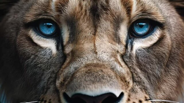 Detailed close-up of lion face with intense blue eyes in shadow