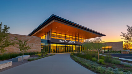 Modern health center building illuminated at sunset against clear sky